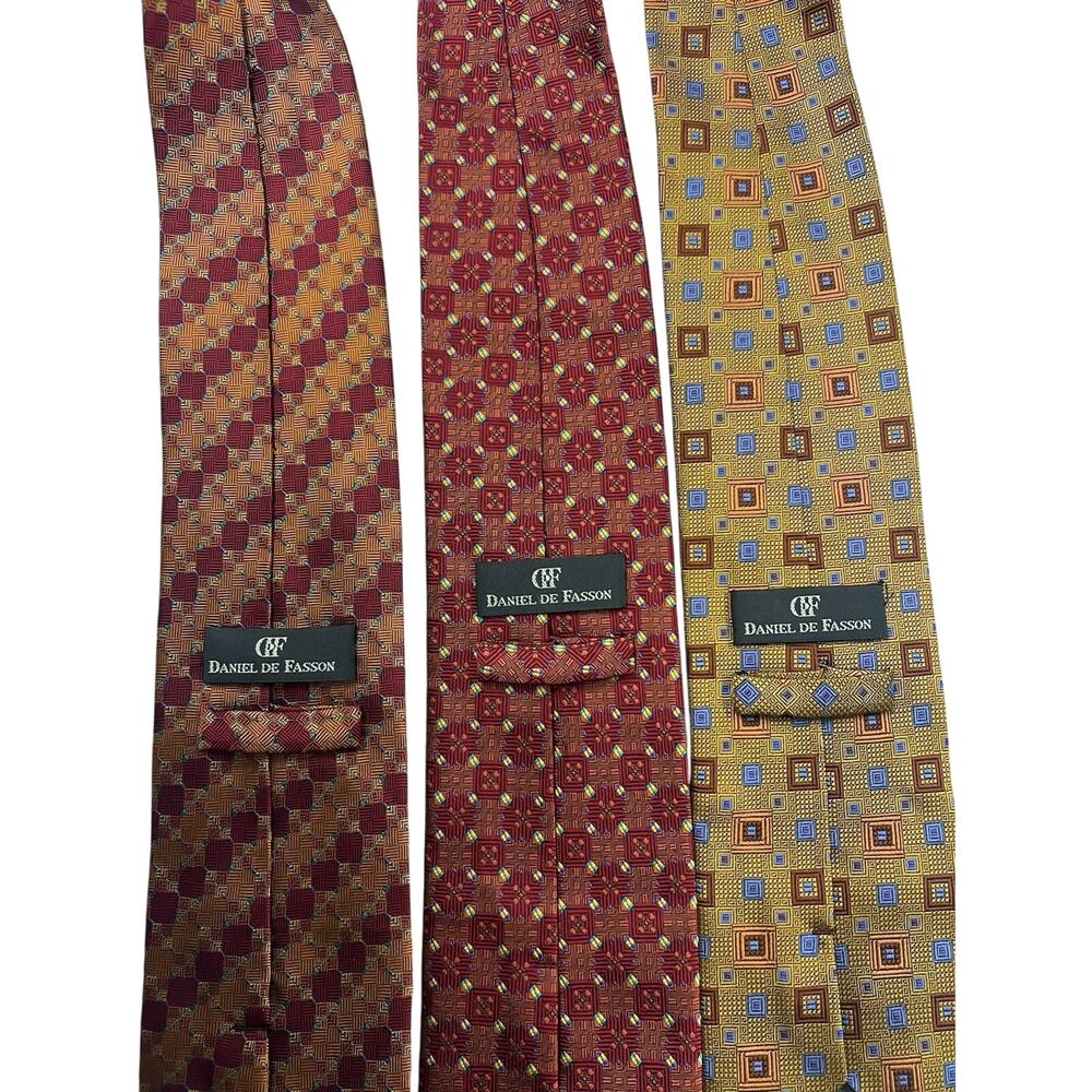 Set Of 3 DANIEL DE FASSON Handmade 100% Silk Tie Geometric Necktie Red Yellow - Picture 2 of 14